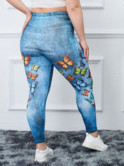 Plus Size Butterfly & Denim Print High Rise Leggings Women's Plus