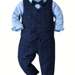 Boys Plaid Outfit Set with Bowtie Shirt & Pants