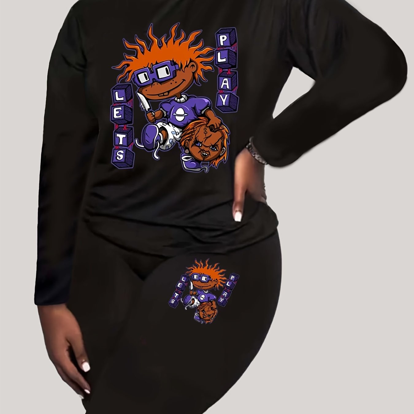 Women's Plus Letter & Graphic Print Long Sleeve Top & Leggings Set
