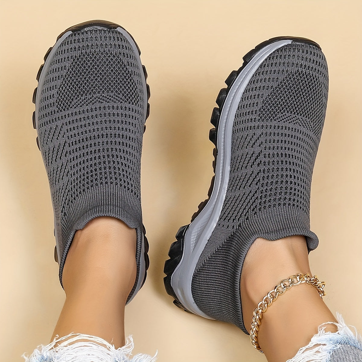 Women's Gray Walking Shoes Lightweight Slip On Flat Shoes