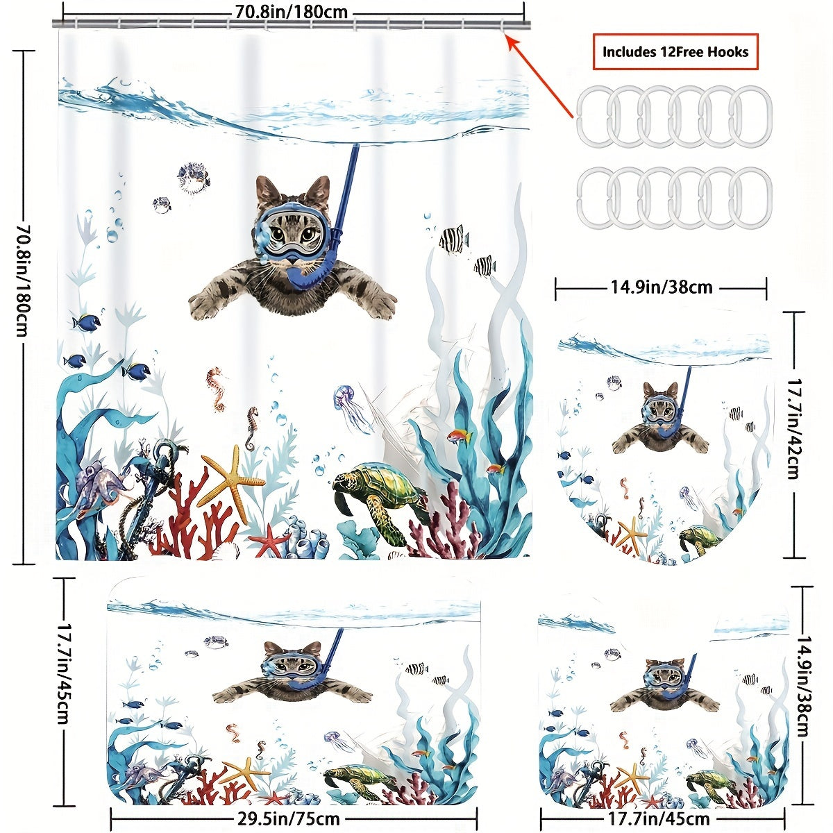 Swimming Cat Shower Curtain Set - Modern Bathroom Decor