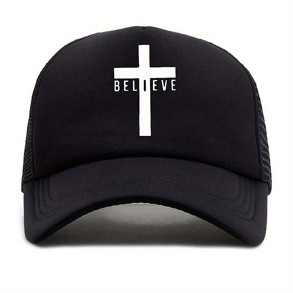 Men's Cross Believe Print Outdoor Sun Hat Breathable Net Baseball Cap
