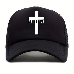 Men's Cross Believe Print Outdoor Sun Hat Breathable Net Baseball Cap