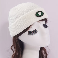 Embroidery Beanie Solid Knit Hat Unisex Windproof Warm Skull Cap