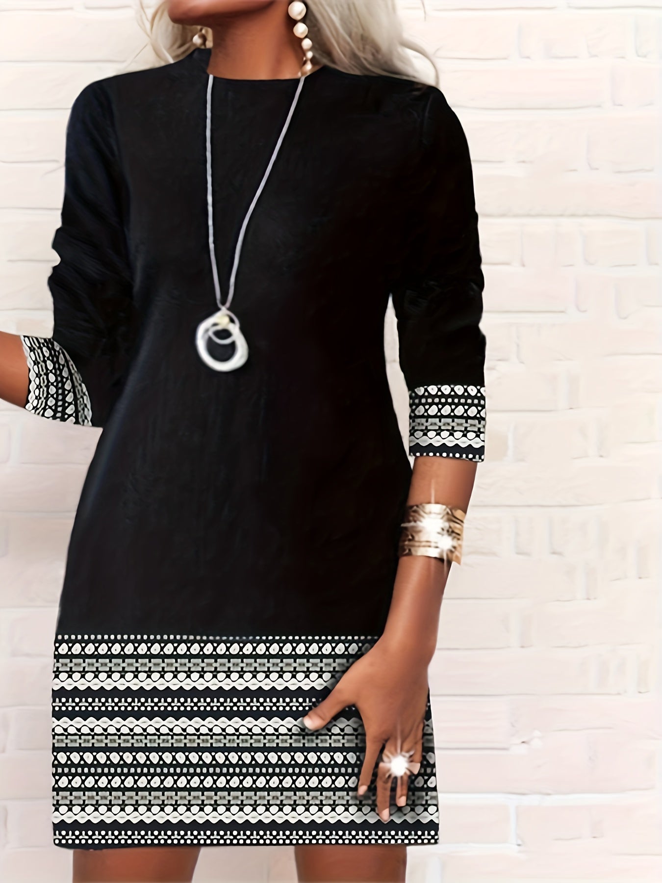 Colorblock Geo Print Long Sleeve Round Neck Dress