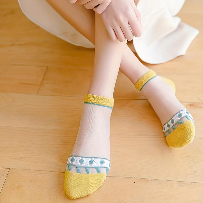 5 Pairs Floral Print Mesh Socks Lightweight Women's Stockings