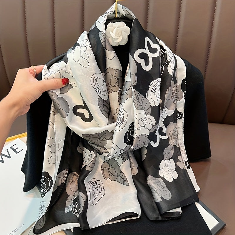 Camellia Print Large Satin Silk Scarf Shawl