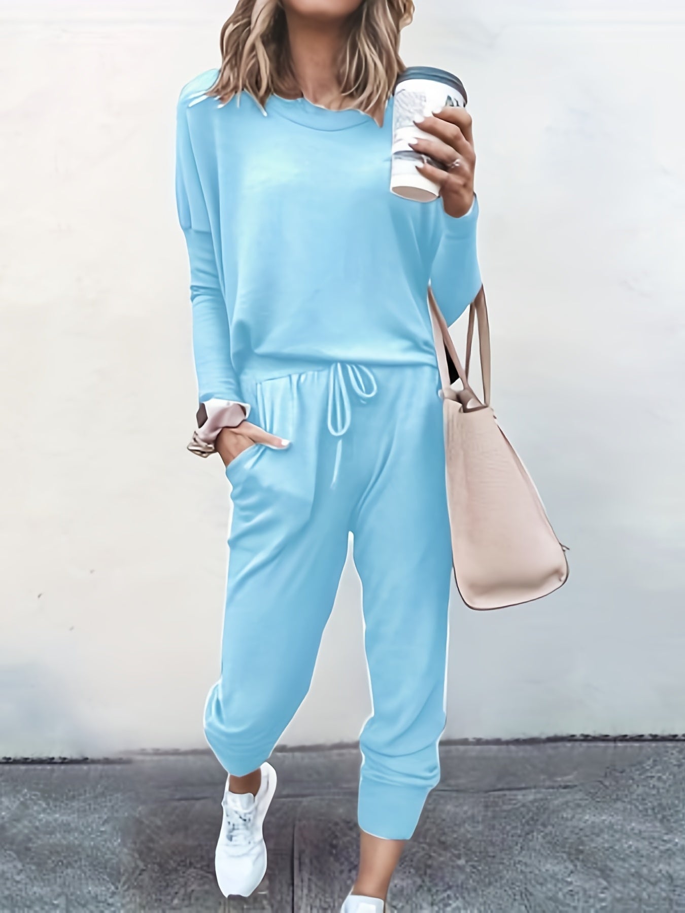 Solid Long Sleeve Top & Tapered Leg Pants Set