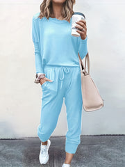 Solid Long Sleeve Top & Tapered Leg Pants Set