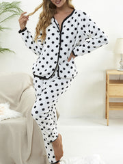 Polka Dot Pajama Set Long Sleeve Top & Elastic Waistband Pants Women's Sleepwear