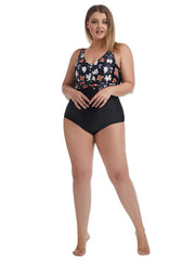 Colorblock Floral Print One Piece Swimsuit Plus Size