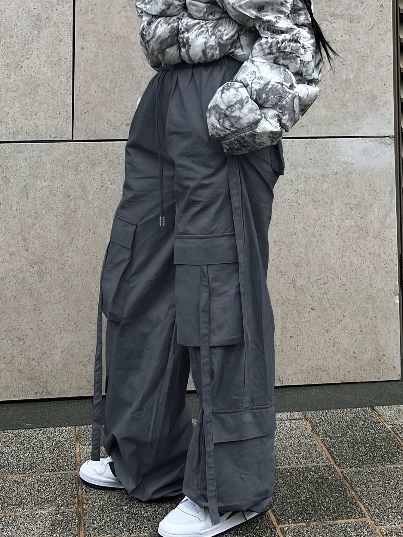 Solid Flap Pockets Wide Leg Pants Casual Loose Drawstring Long Length Pants