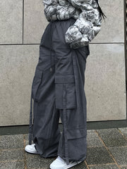 Solid Flap Pockets Wide Leg Pants Casual Loose Drawstring Long Length Pants