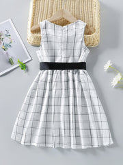 Girls Plaid Sleeveless Dress with Bow Belt