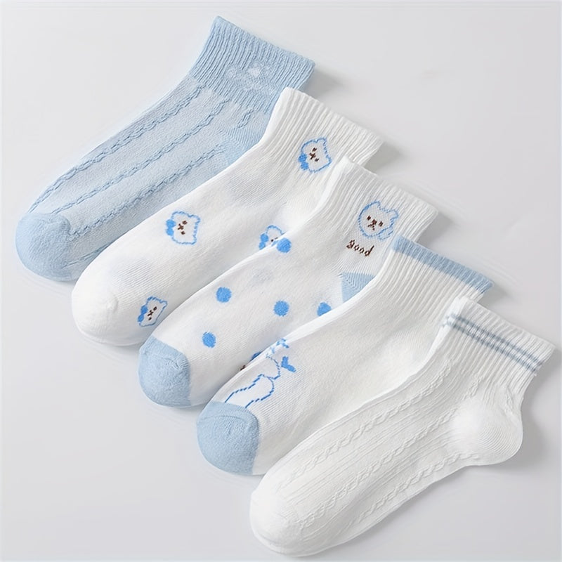 5 Pairs Cartoon Bear Print Socks Women's Crew Short Stockings
