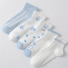 5 Pairs Cartoon Bear Print Socks Women's Crew Short Stockings