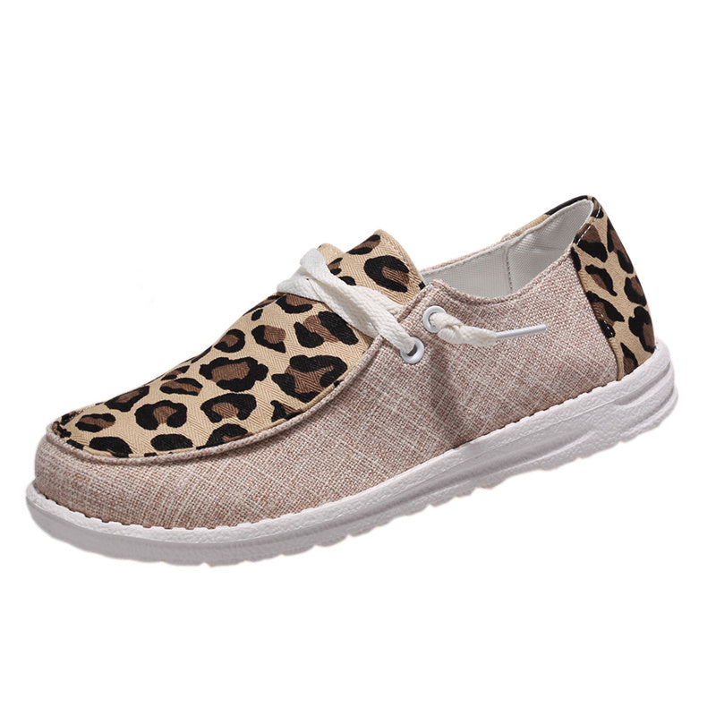 Leopard Print Loafers Lace Up Flat Canvas Shoes