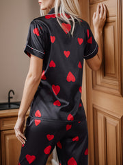 Heart Print Pajama Set Short Sleeve & Elastic Waistband Pants