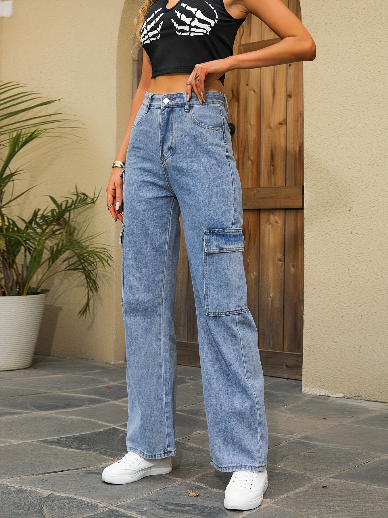Cargo Pockets High Waist Denim Pants High Rise Jeans