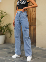 Cargo Pockets High Waist Denim Pants High Rise Jeans