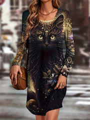 Cat Print Round Neck Dress