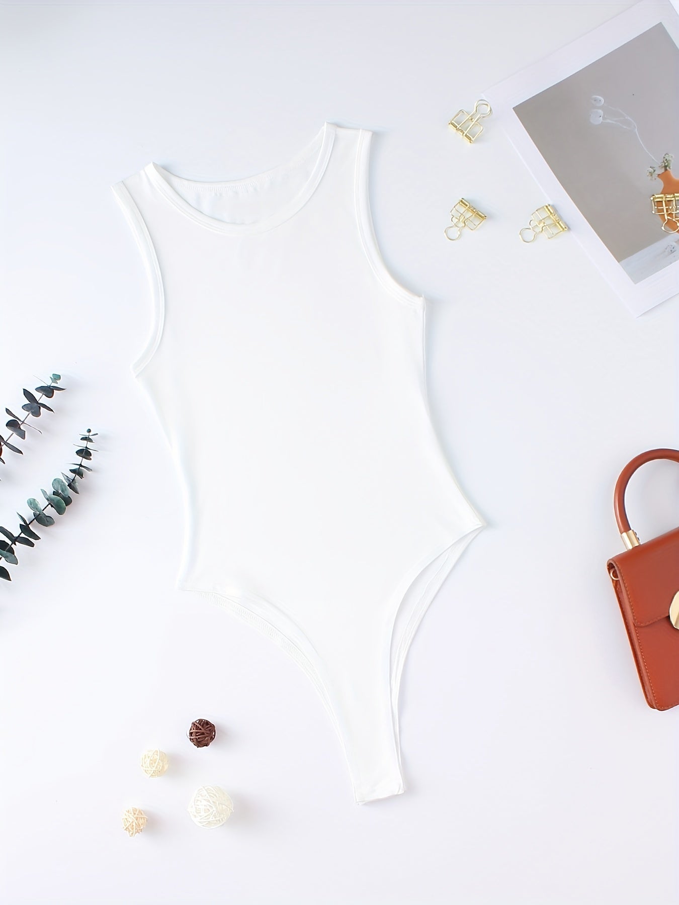 Solid Sleeveless Bodysuit Casual Crew Neck Summer Bodysuit Women's Clothing