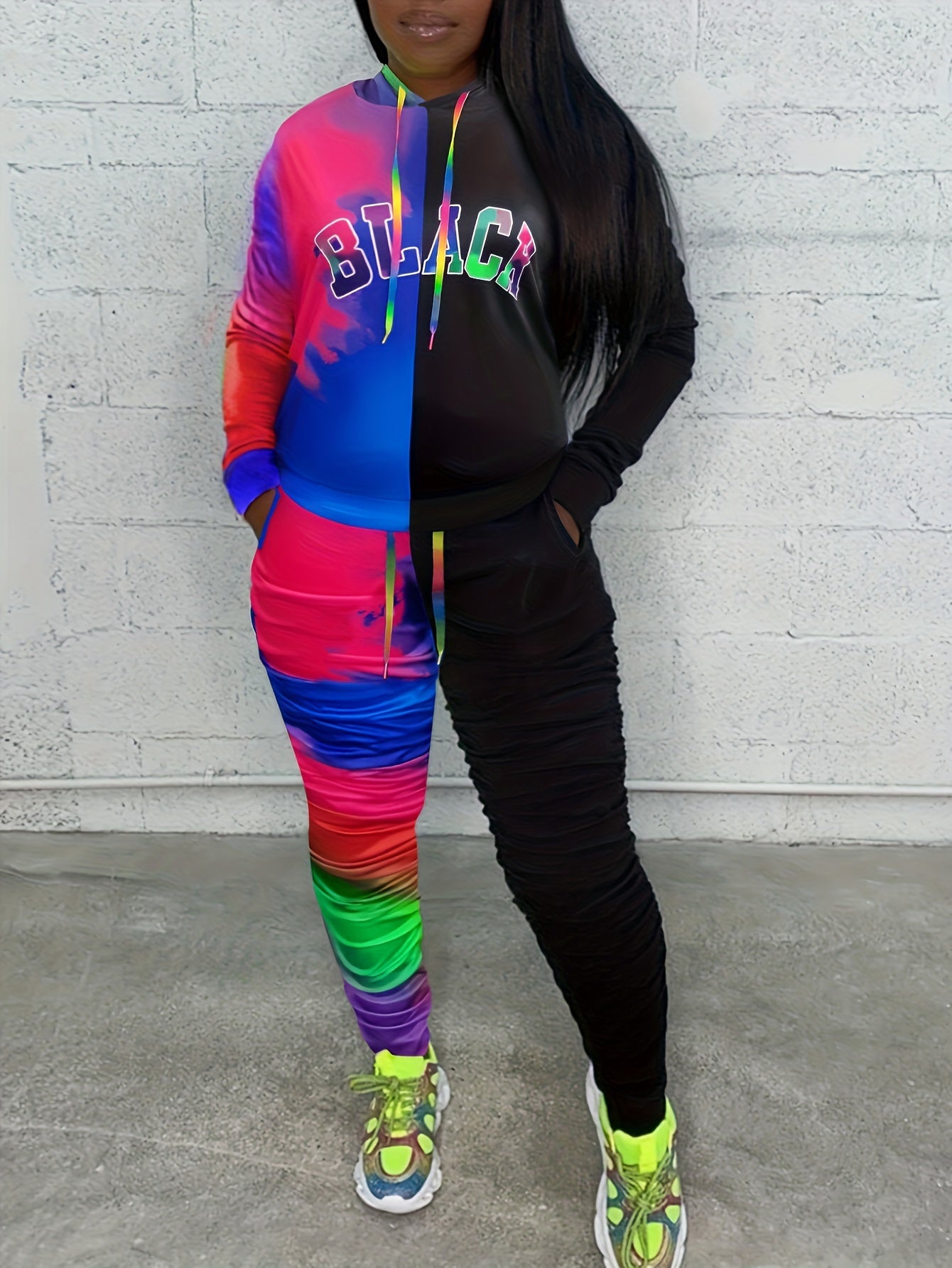Colorblock Tie Dye Hooded Sweatshirt & Ruched Skinny Sweatpants