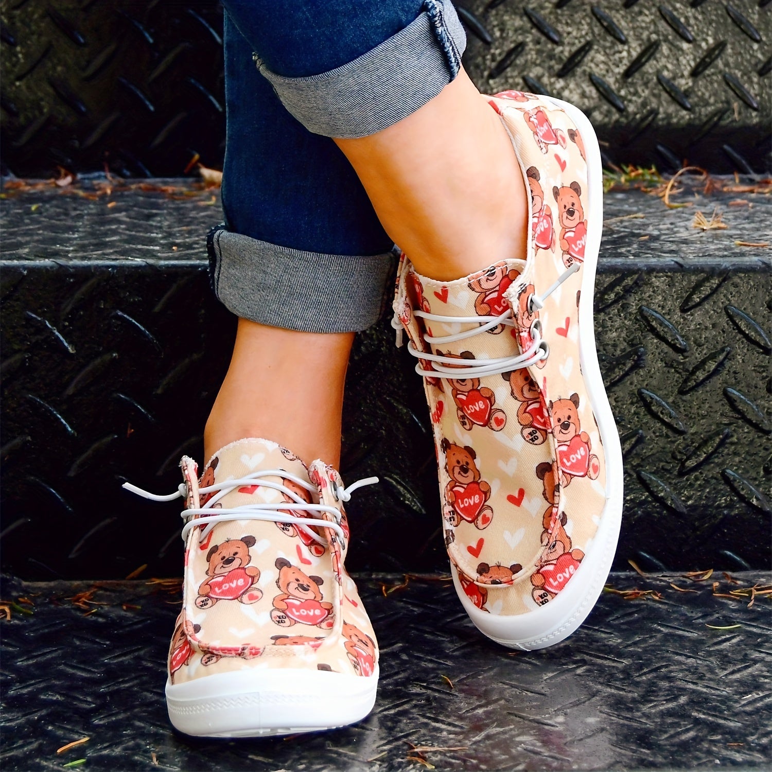 Women's Casual Canvas Shoes Love Bear Letter Print Soft Sole Comfortable