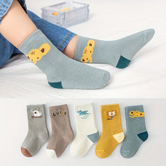 5 Pairs Boys Cotton Cartoon Animal Crew Socks for 0-3 Year Olds