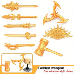 8pcs Golden Weapon Set Toy Accessories Golden Hammer Peacock Fan Boomerang