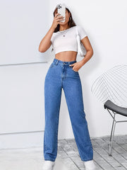 High Rise Straight Jeans Washed Loose Slash Pocket Zipper Button Closure