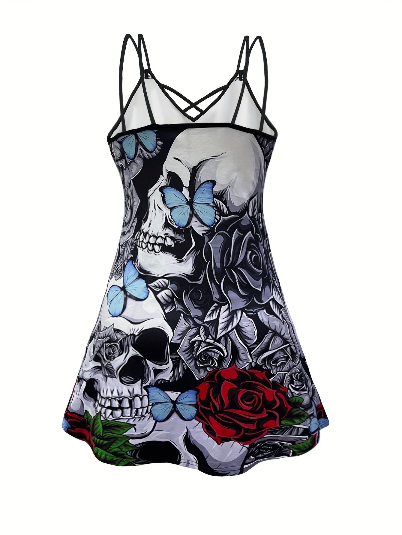 Goth Cami Dress Womens Plus Skull Floral Butterfly Print V Neck Cami