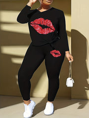 Women's Plus Red Lip Print V-Neck Top & Leggings Set
