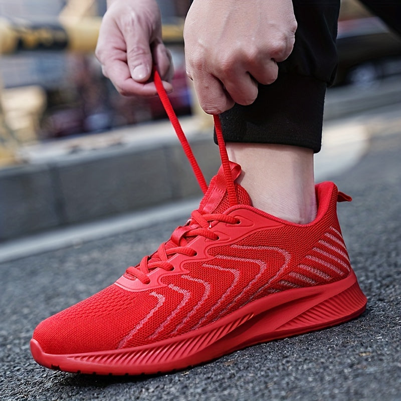 Red Knit Breathable Sneakers Lace Up Outdoor Walking Shoes