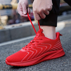Red Knit Breathable Sneakers Lace Up Outdoor Walking Shoes