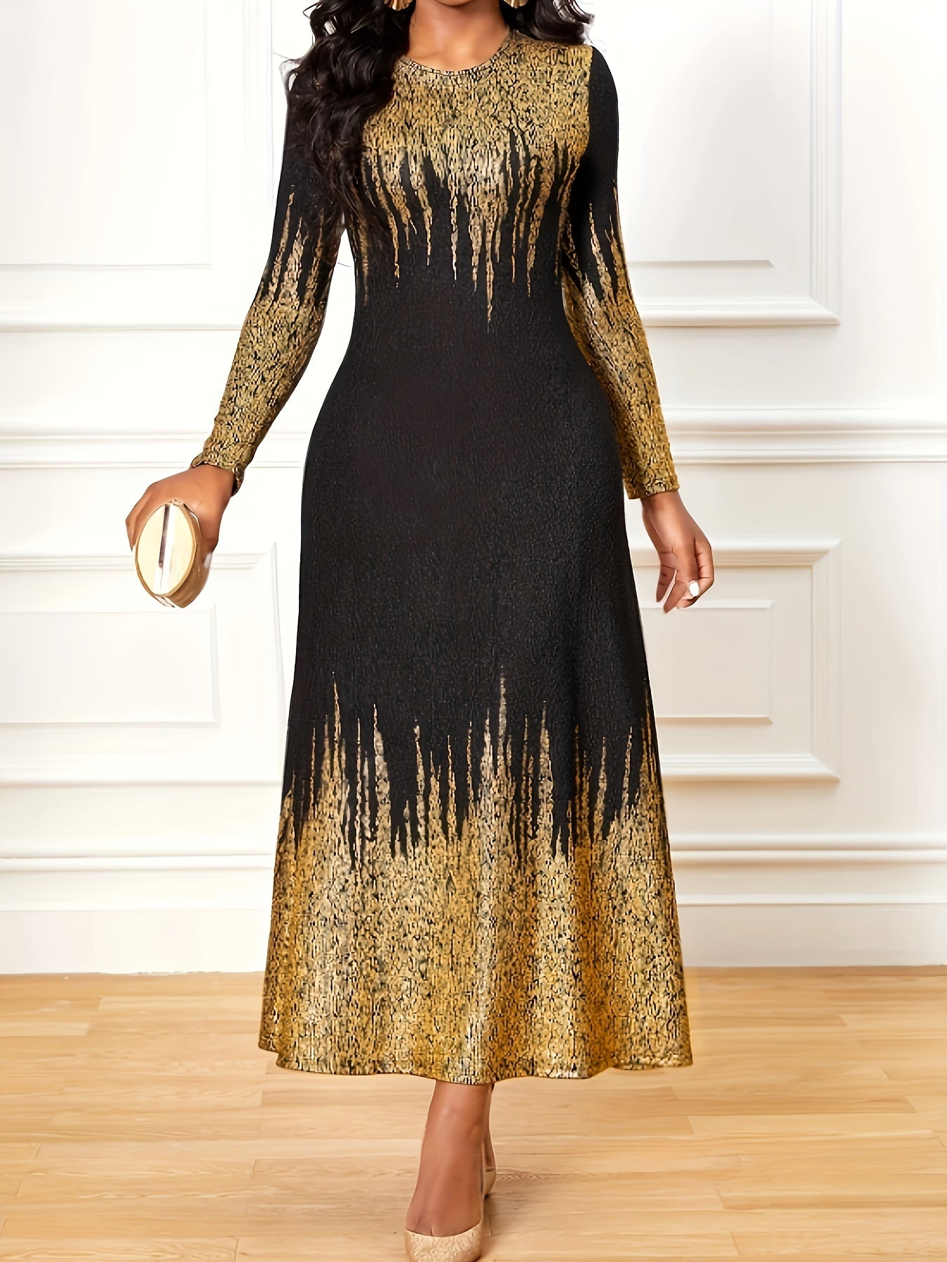 Colorblock Ombre Maxi Dress Long Sleeve Round Neck