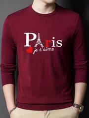 Men's Paris Print Knitted Sweater Casual Mid Stretch Long Sleeve Top