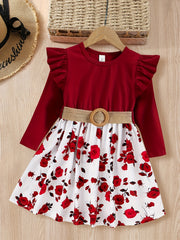 Girls' Rose Floral Frill Trims Long Sleeve Casual Dress
