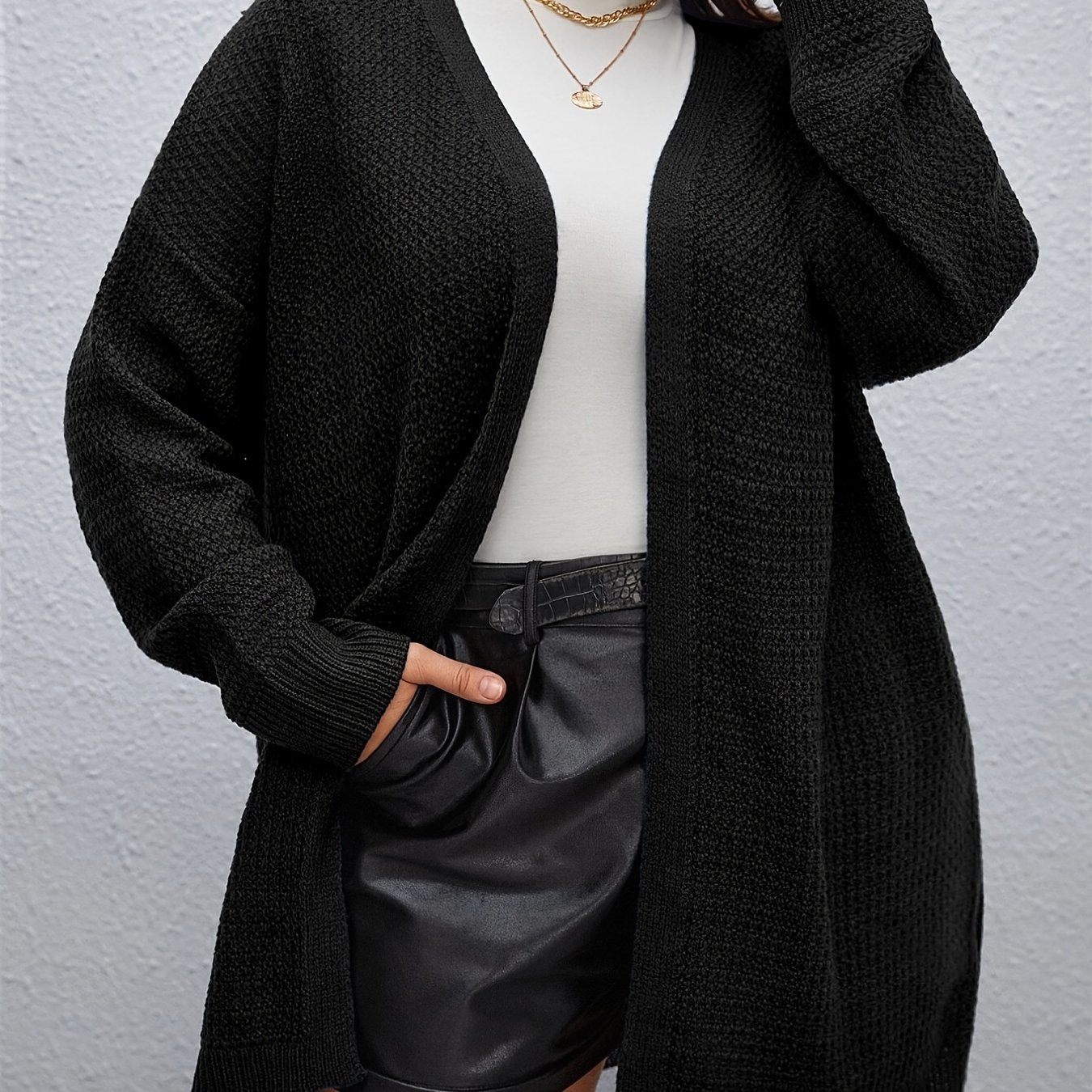 Solid Knit Long Cardigan Women's Plus High Stretch Casual Knitwear