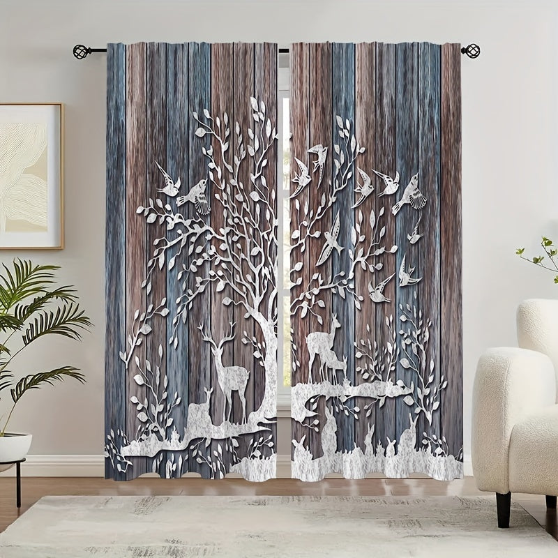 Elk & Wood Plank Trees Pattern Curtains Rod Pocket Semi Blackout Window Curtains