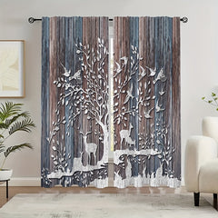 Elk & Wood Plank Trees Pattern Curtains Rod Pocket Semi Blackout Window Curtains