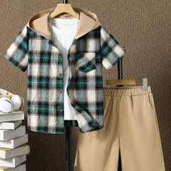 Boys 2pcs Plaid Hooded Shirt & Shorts Set Short Sleeve Top Casual Kids Summer