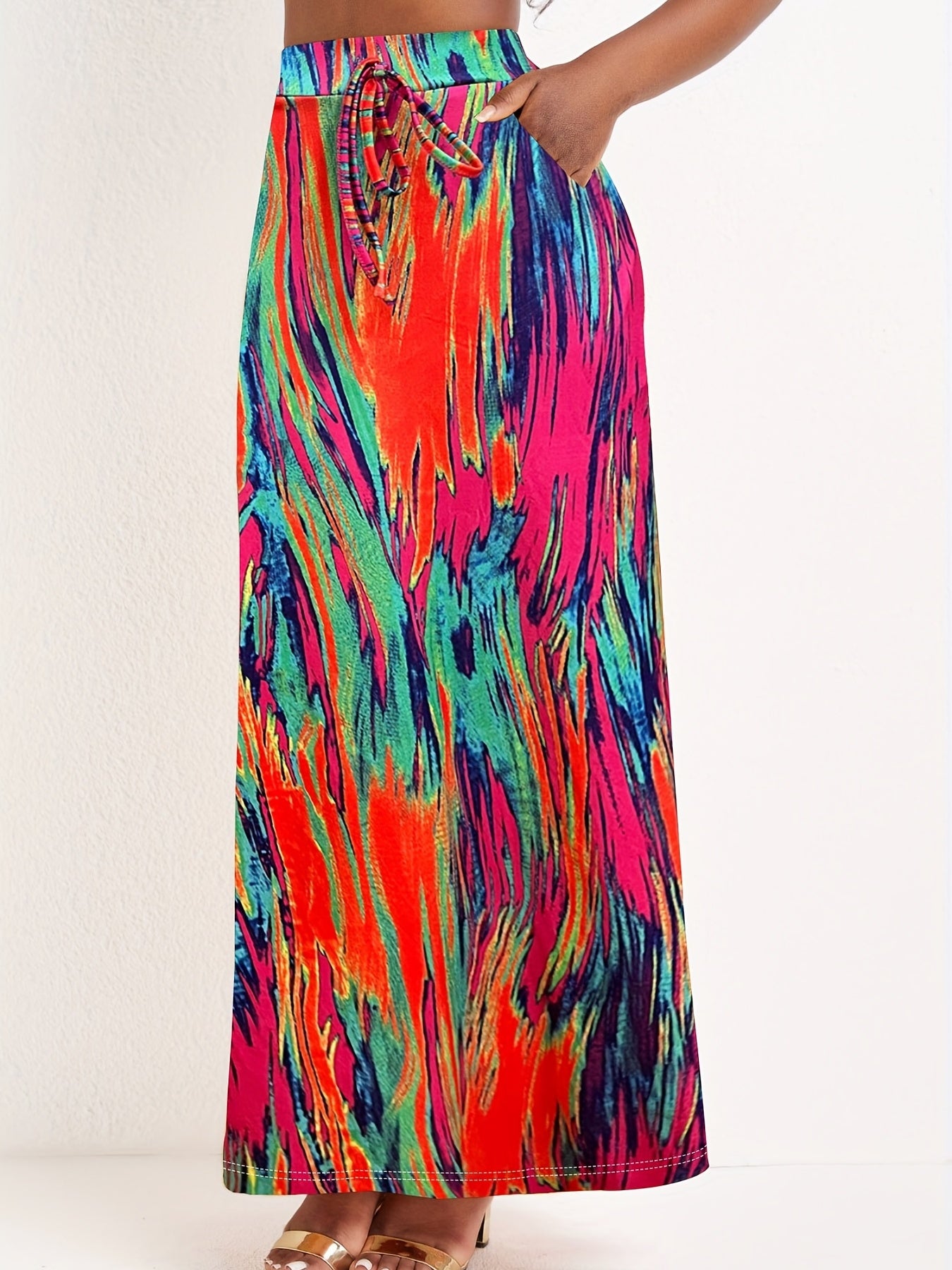 Tie Dye Slim Maxi Skirt Drawstring Pocket Women's Clothing