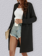 Solid Open Front Jacket Casual Mid Length Long Sleeve Outerwear