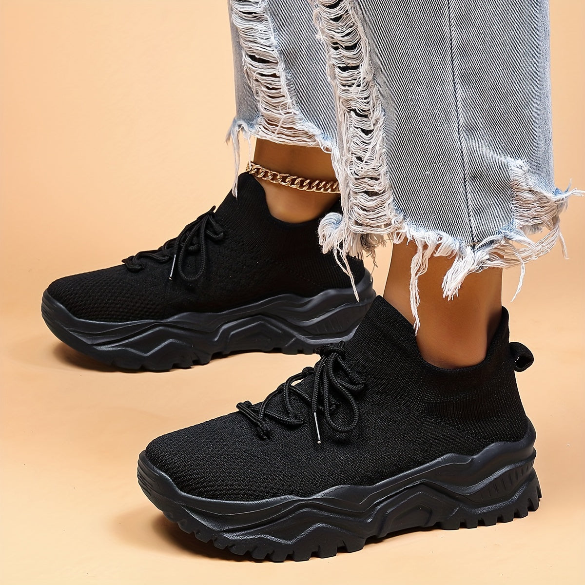 Women's Lace up Walking Shoes Thick Bottom Casual Knit Mesh Sneakers