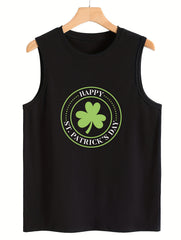 Leaf & Letter Print Sleeveless Sports Vest Round Neck Stretchy Casual Top