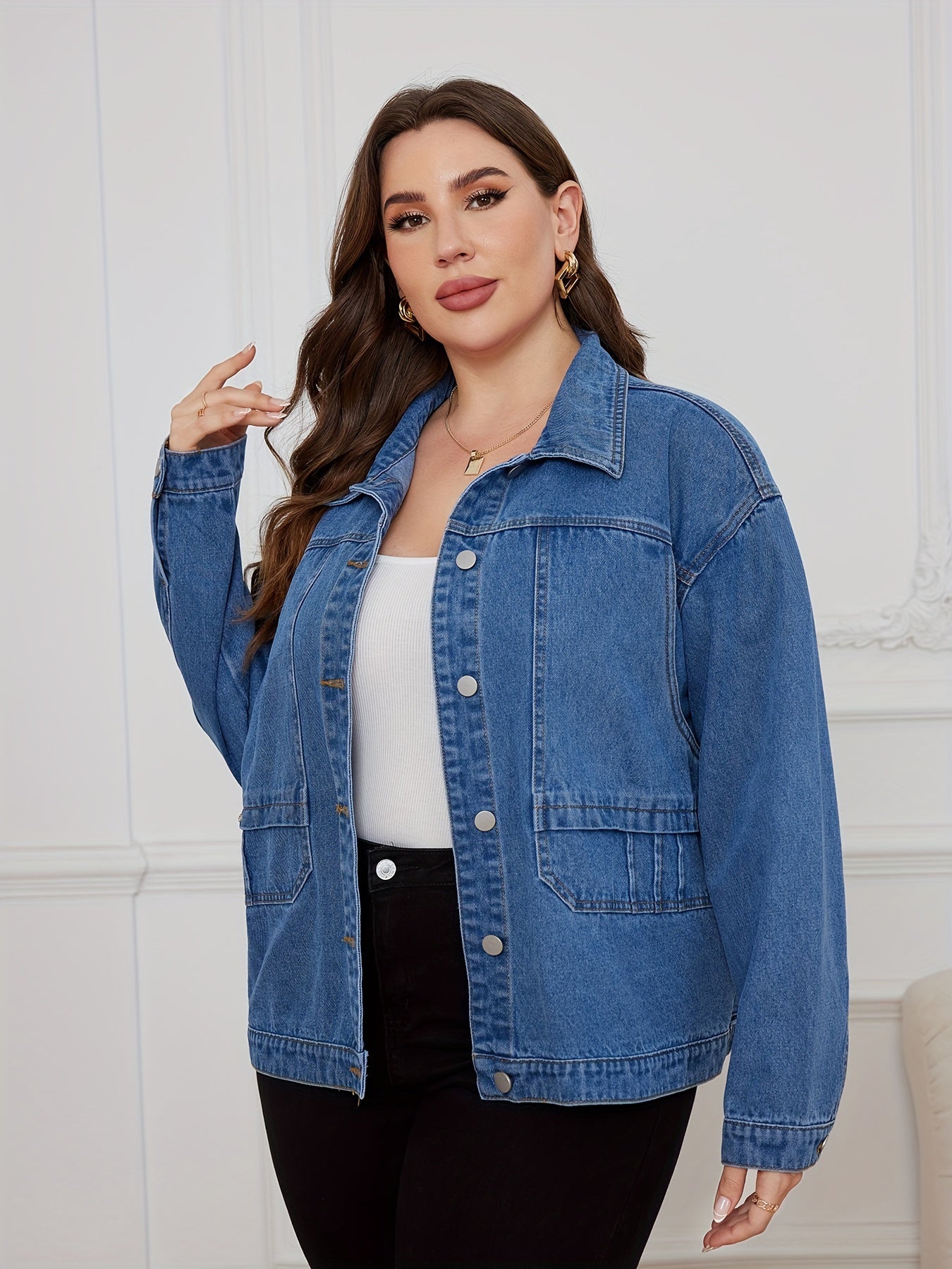 Casual Denim Top Women's Plus Solid Pipping Long Sleeve