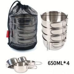 Stainless Steel Bowl Set 4pcs 500 650ml Folding Handle Camping