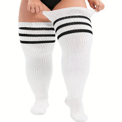 Sporty Thigh High Socks Women's Plus Solid & Striped Anti slip