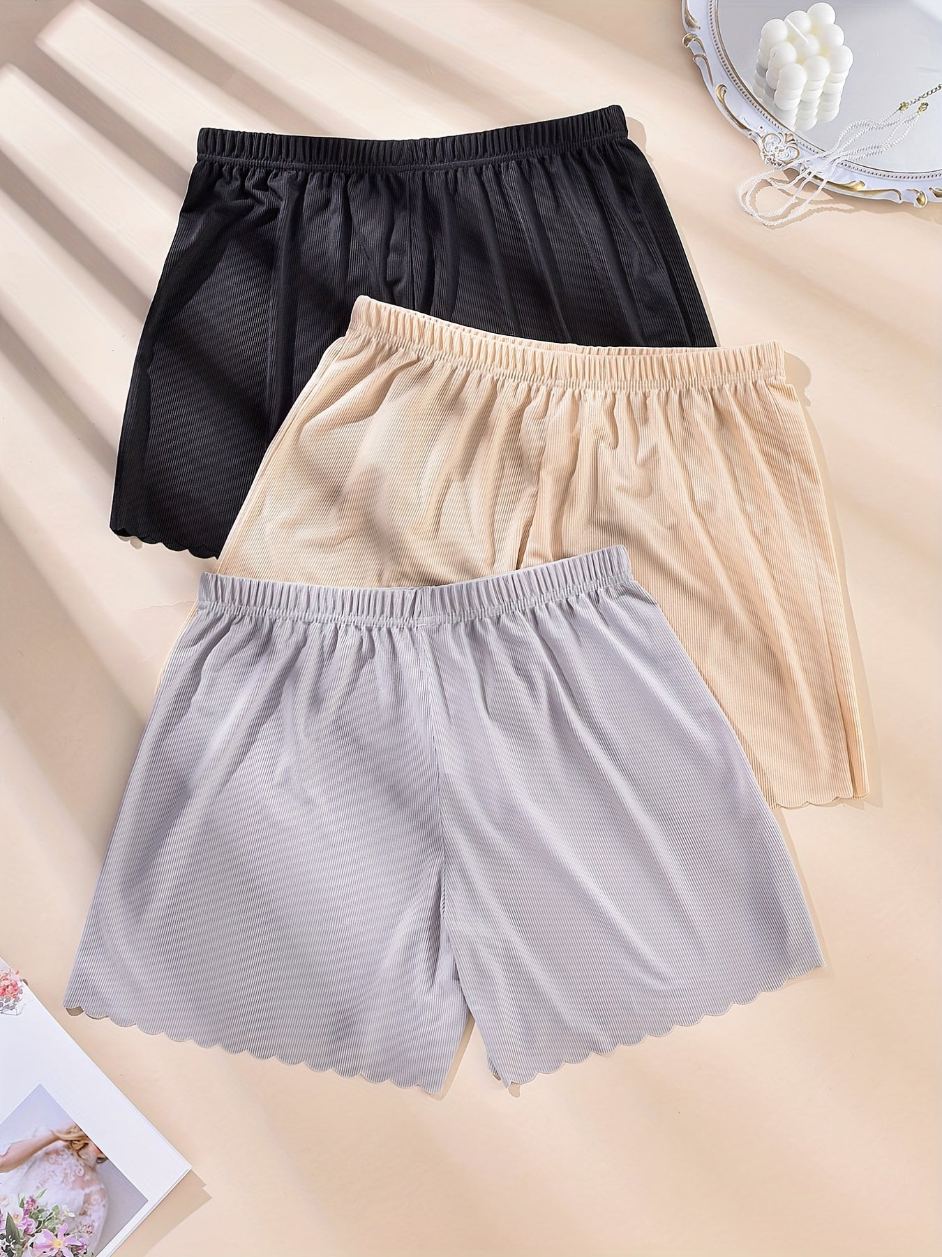 3 Pack Plus Size Ribbed Wave Trim Elastic Waist High Stretch Pajama Shorts